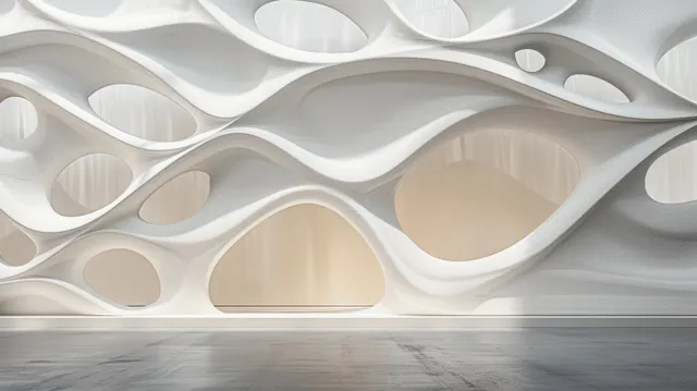 Abstract white 3D wall installation with organic cutouts in modern art gallery interior
