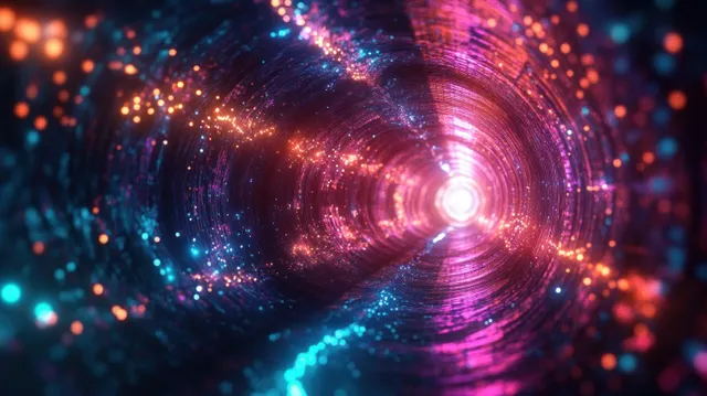 Purple and blue neon tunnel vortex with sparkling particles converging on a bright light center.