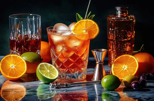 Citrus cocktail with ice in a textured glass, orange and lime garnish, with grapes and a metal jigger on marble.