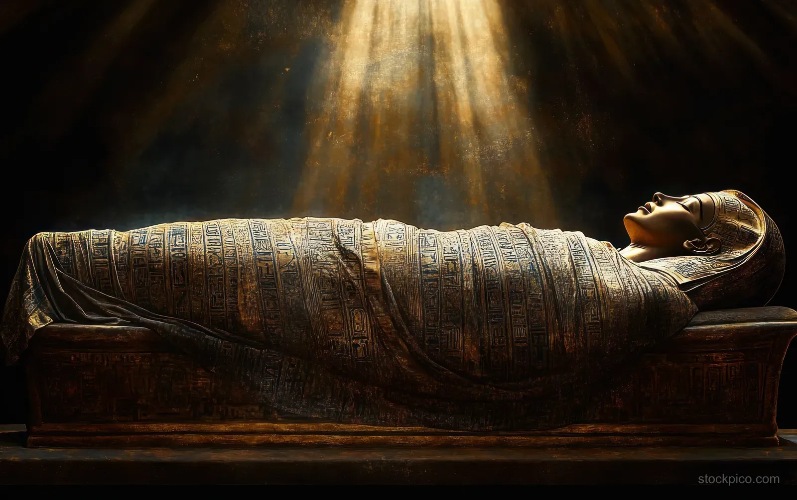 Ancient Egyptian sarcophagus with hieroglyphics illuminated by golden light rays in a dark display.
