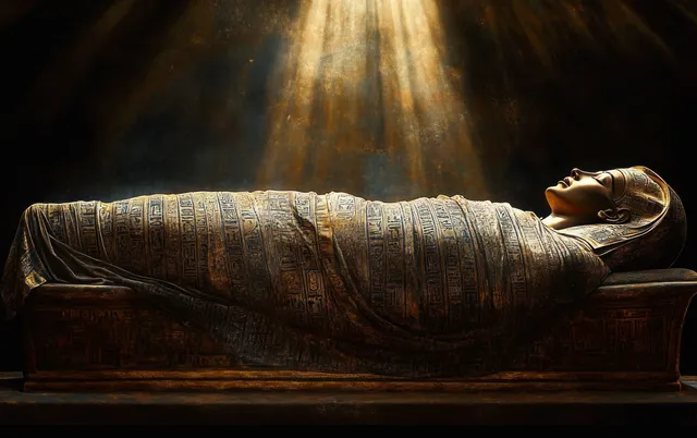 Ancient Egyptian sarcophagus with hieroglyphics, lit by dramatic golden light rays above