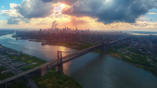 Aerial view of a suspension bridge over a wide river leading to a dense city skyline beneath dramatic sunrays.