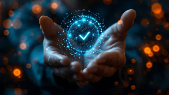 Hands in a dark scene hold a glowing holographic biometric verification checkmark over network-like lights.
