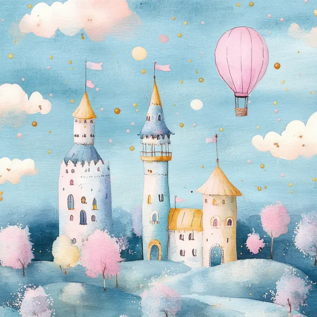 A pink hot air balloon floats above pastel castle towers, clouds, and flowers in a seamless watercolor pattern.
