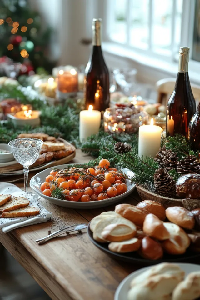 Cozy Christmas table setting with lit candles, pine branches, orange slices, and glass bottles in window light.