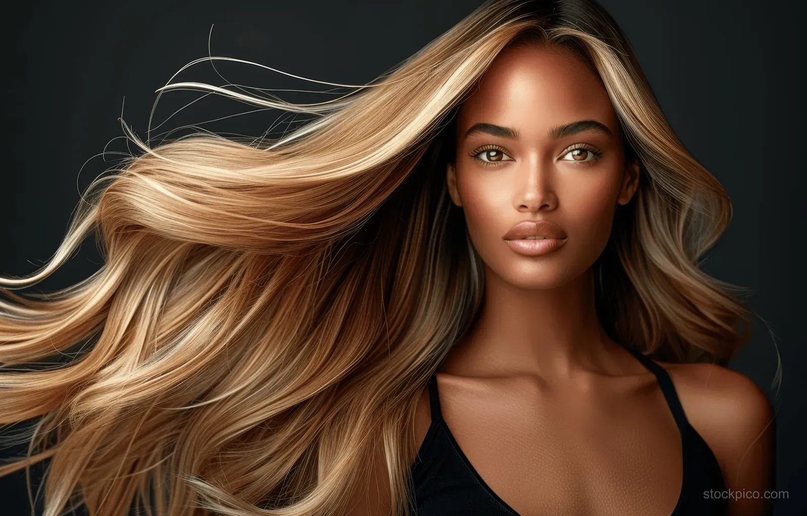 Elegant woman with windblown blonde waves posing on a dark studio background with a visible shoulder.
