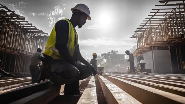 Construction workers frame a wooden house under bright sunlight, creating dramatic shadows on the busy job site.