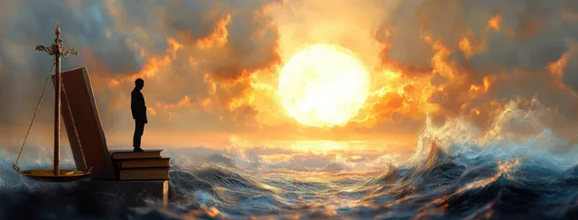 Silhouette of a person on stacked books beside balance scales, overlooking turbulent ocean with a glowing sun and orange clouds.
