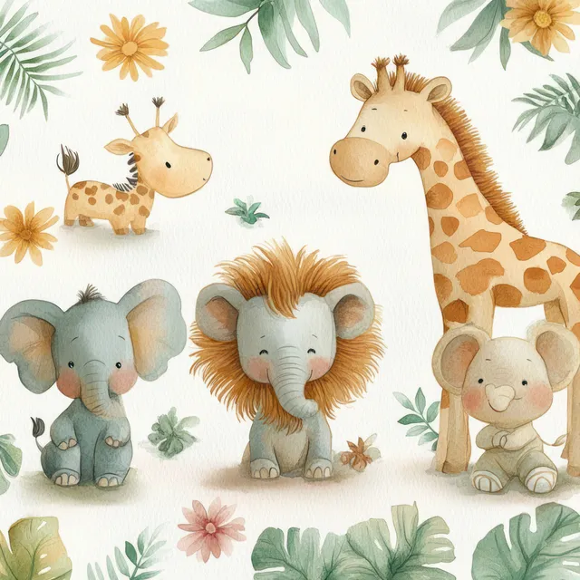 Watercolor safari animal pattern with elephant lion giraffe and tropical plants
