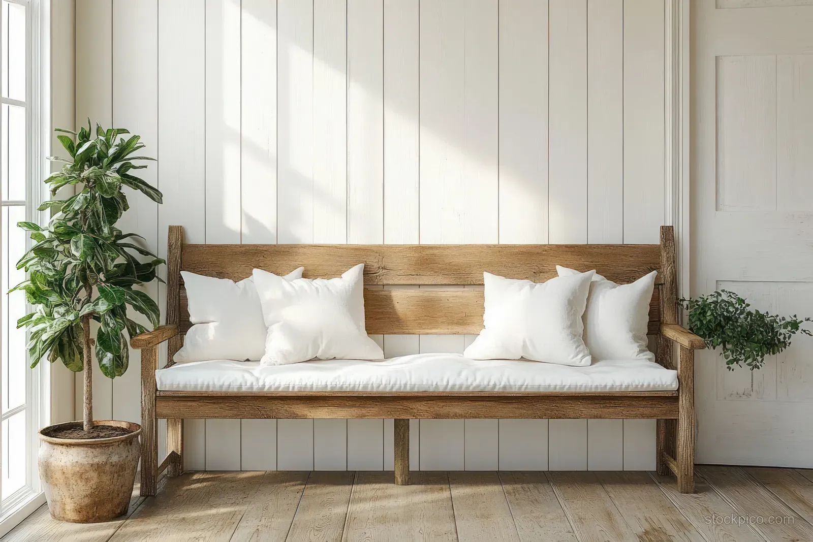 Sunlit entryway with a rustic wooden bench, white pillows, potted plants, and sheer curtains.