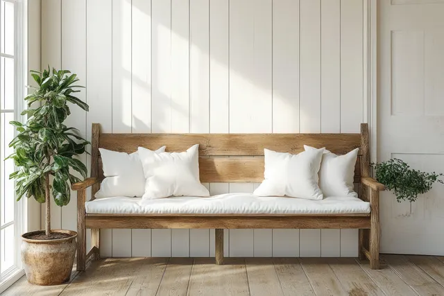 Sunlit entryway with a rustic wooden bench, white pillows, potted plants, and sheer curtains.