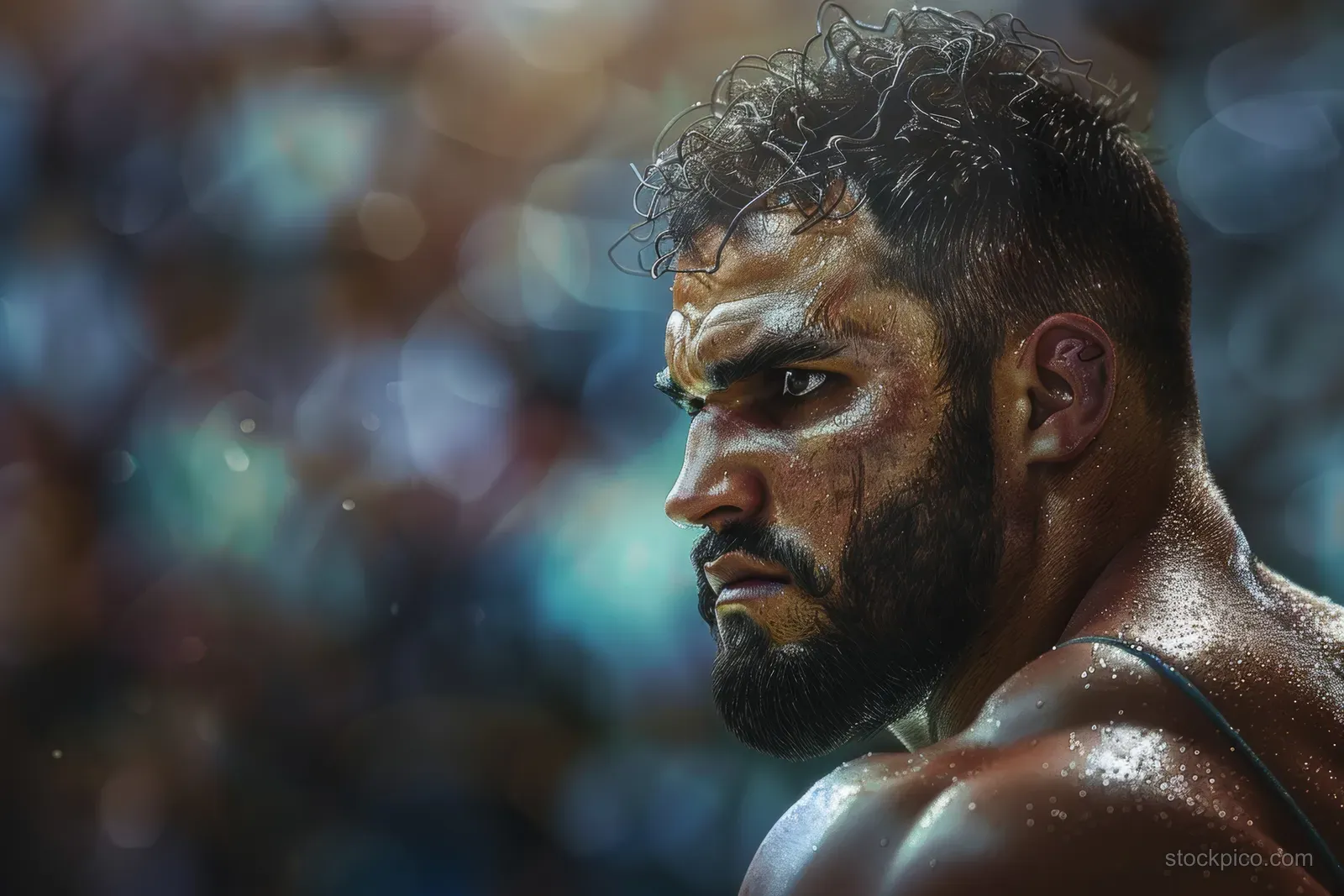 Greek Greco-Roman wrestler posing with clenched expression and sweaty shoulders while the crowd blurs behind him.