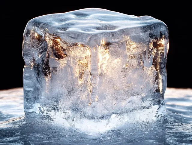A melting translucent ice cube with bright refracted highlights sits on an icy surface against a dark background.