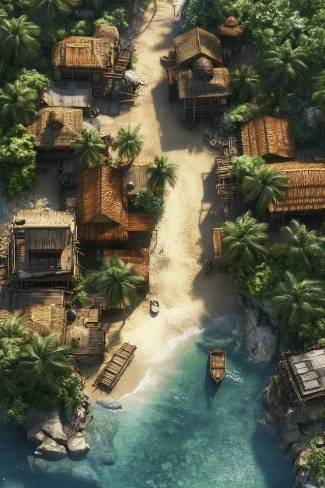 Aerial view of a coastal fantasy village with tide channels and misty lagoon reflections