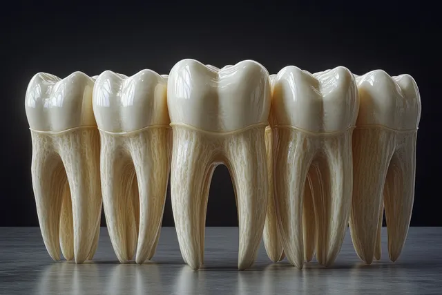 Plaster tooth replicas arranged in perspective on black background with high-contrast shadows