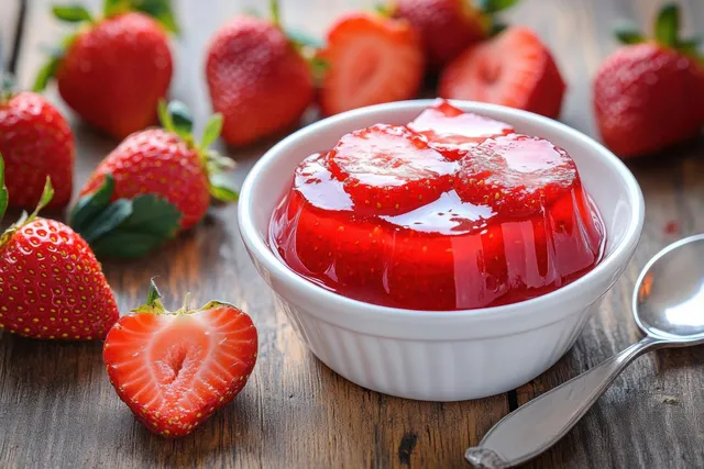 Red strawberry jelly in a white ramekin on a wooden table with a spoon and whole and halved strawberries.