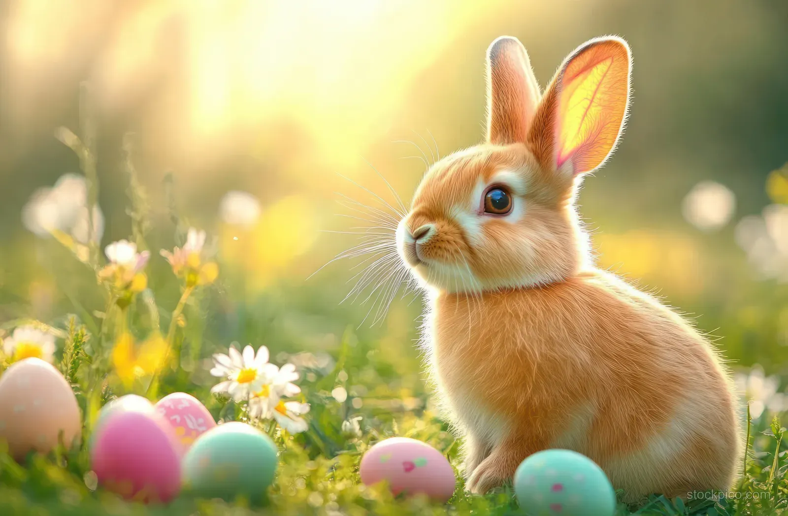 Small brown rabbit sitting on green grass beside colorful painted Easter eggs and white flowers in warm sunlight.