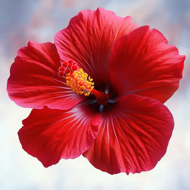 A red hibiscus flower in close-up with yellow stamens and a softly blurred background behind it.