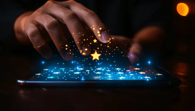 Hand tapping a glowing tablet for satisfaction survey star feedback rating
