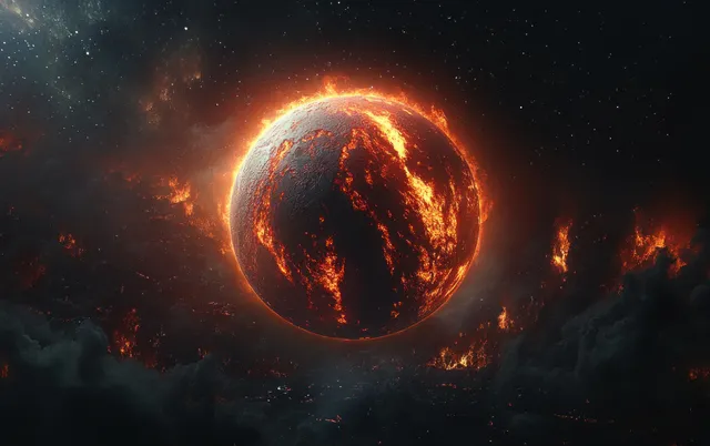 Molten lava planet in space with glowing asteroid debris, smoke trails, and dramatic dark lighting.
