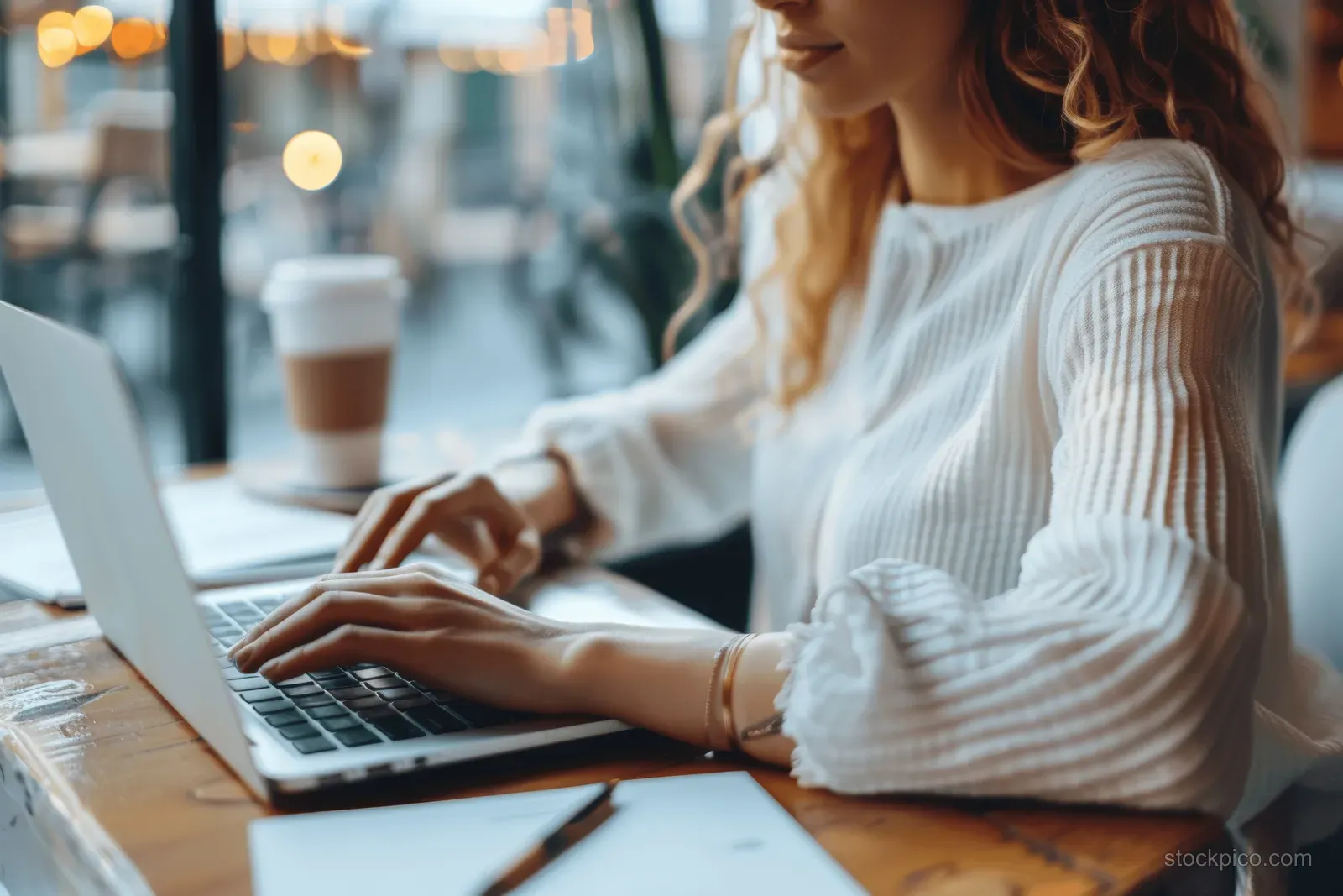 Woman in white shirt types on a laptop at a cafe table with documents and a pen visible on the desk.