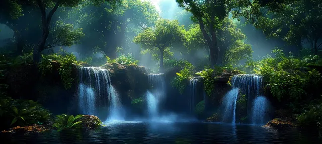 Cascading waterfalls flow through a lush tropical rainforest, surrounded by dense greenery and soft, misty sunlight.