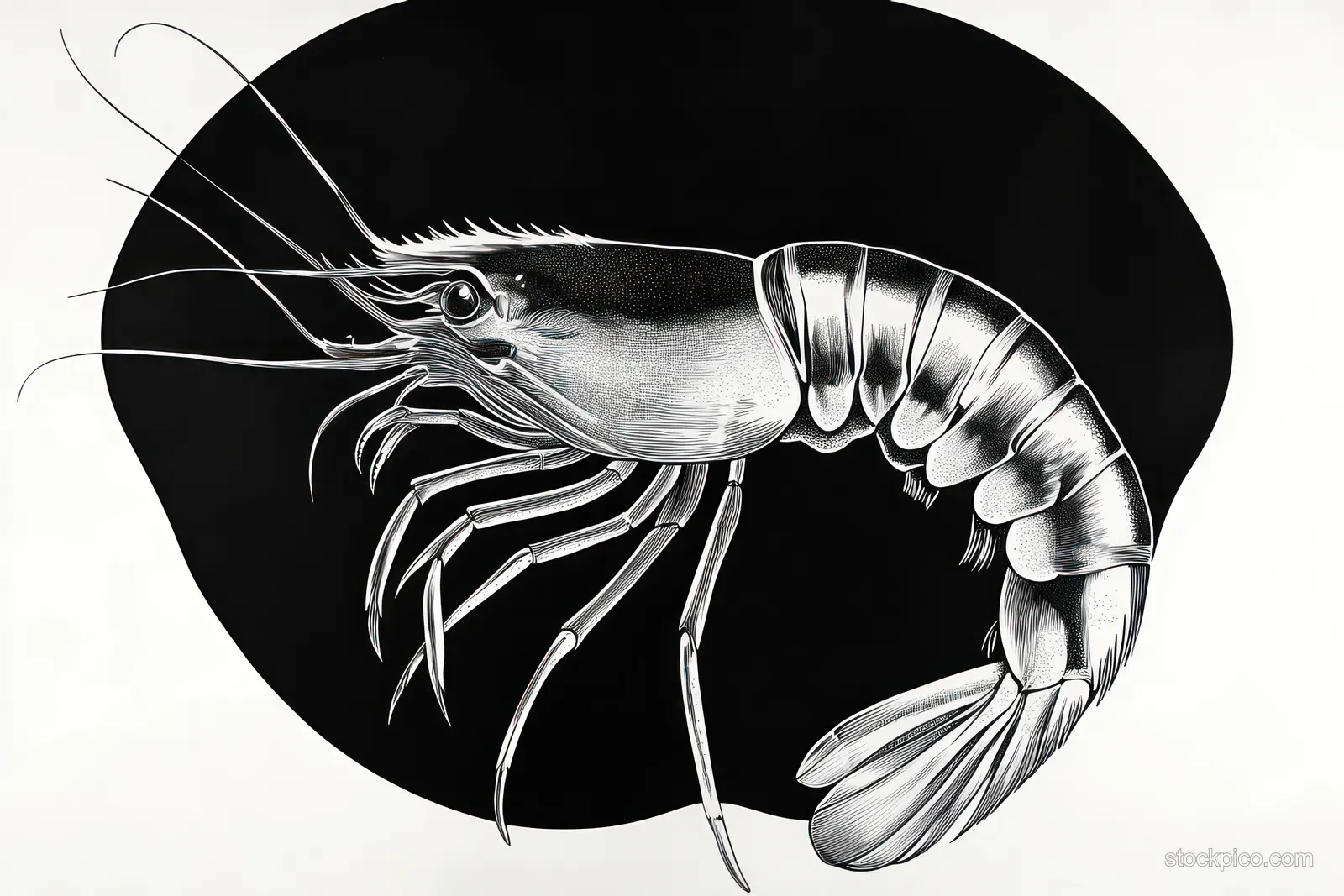 A black and white illustration of a shrimp with long antennae and segmented body on a solid black circle.