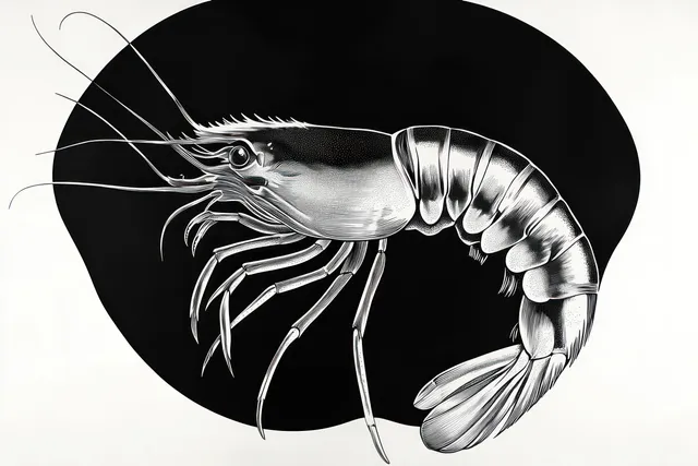 A black and white illustration of a shrimp with long antennae and segmented body on a solid black circle.