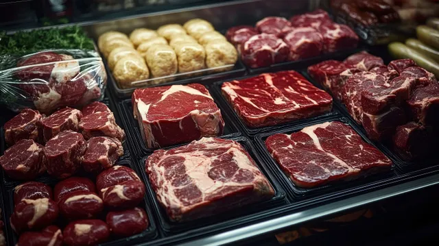 Assorted raw steaks and chopped meats in labeled trays inside a butcher display under moody lighting.