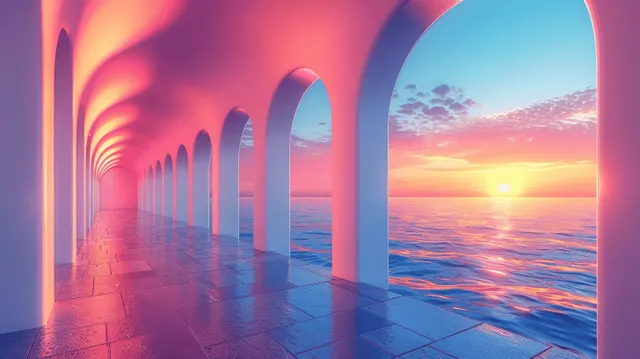Neon arches cast pink-blue reflections across water beside an empty concrete walkway under a sunset sky.