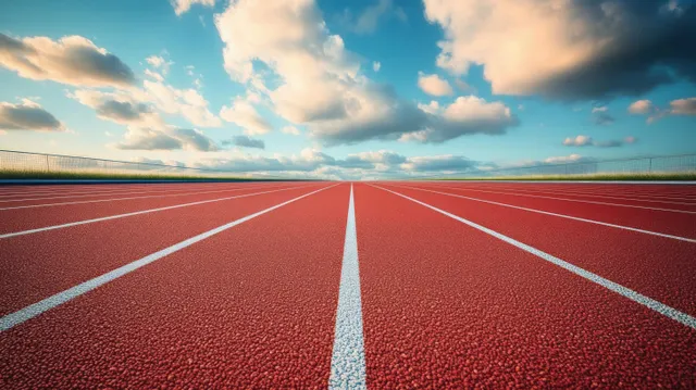 Empty red running track lanes stretch forward under a dramatic blue sky with scattered clouds.