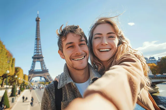Smiling couple taking a selfie with the Eiffel Tower in the background on a sunny Paris day.