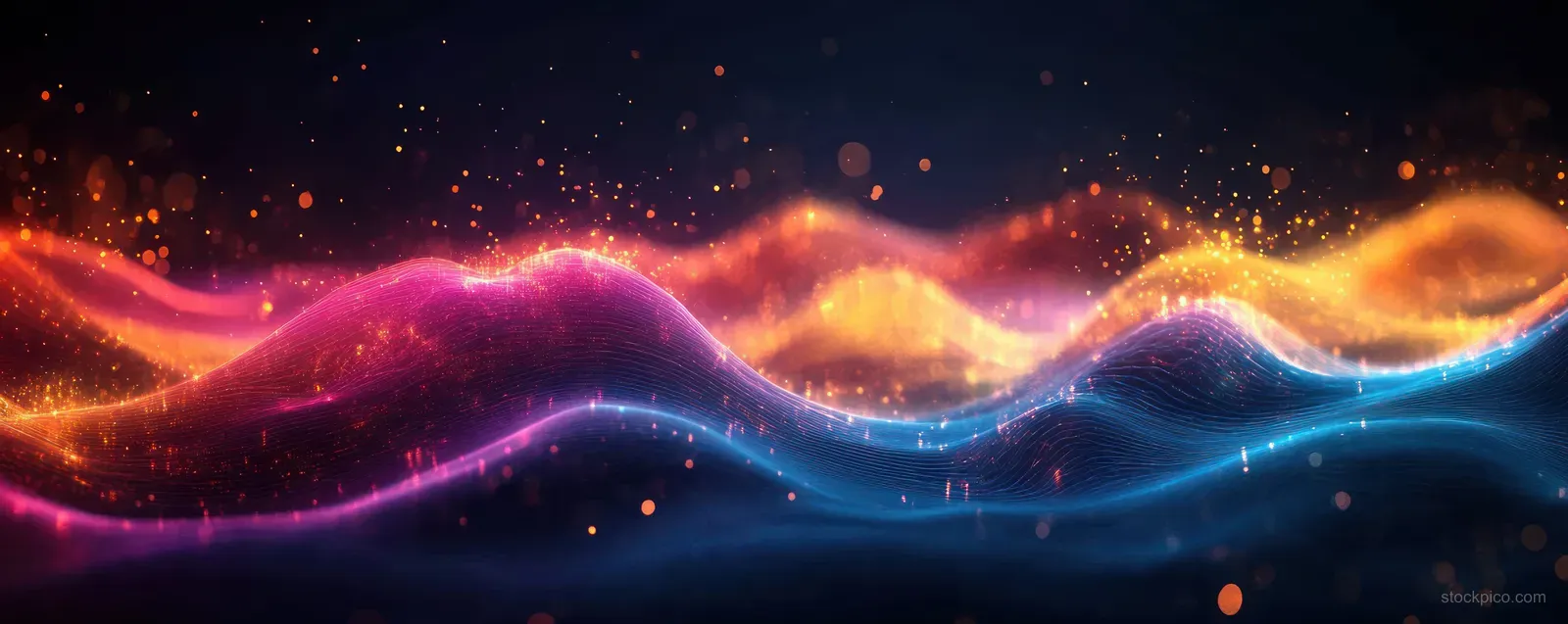 Neon orange and blue wave ribbons glow across a dark background with scattered light particles.