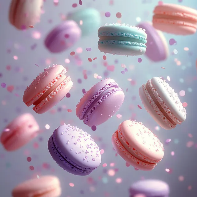 Pastel macarons float in midair with confetti and sparkling sugar crystals against a soft pink background.