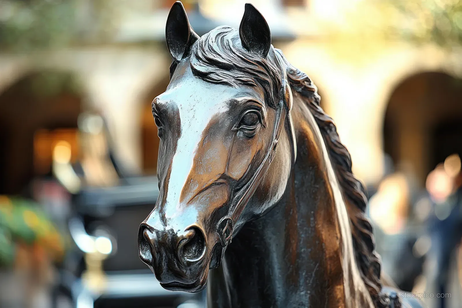 Close-up of a shiny bronze horse statue with braided mane in a courtyard, with people blurred behind.