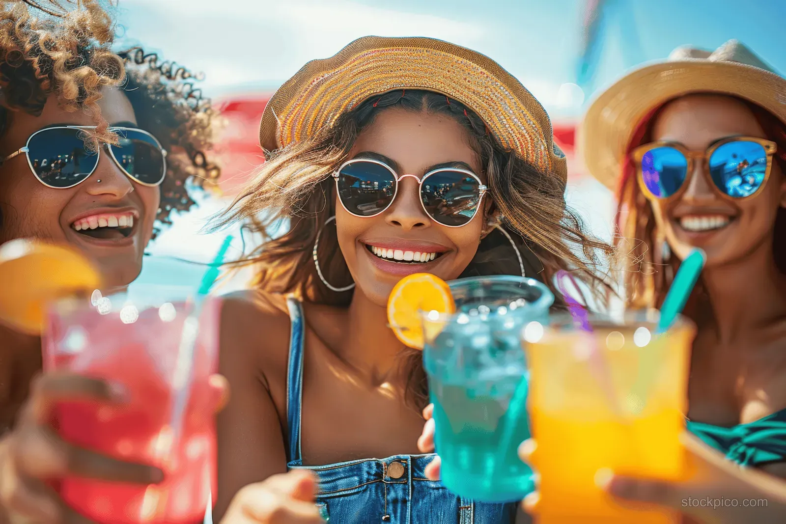Smiling friends clink glasses of colorful cocktails on a beach amusement park table in bright sunlight.