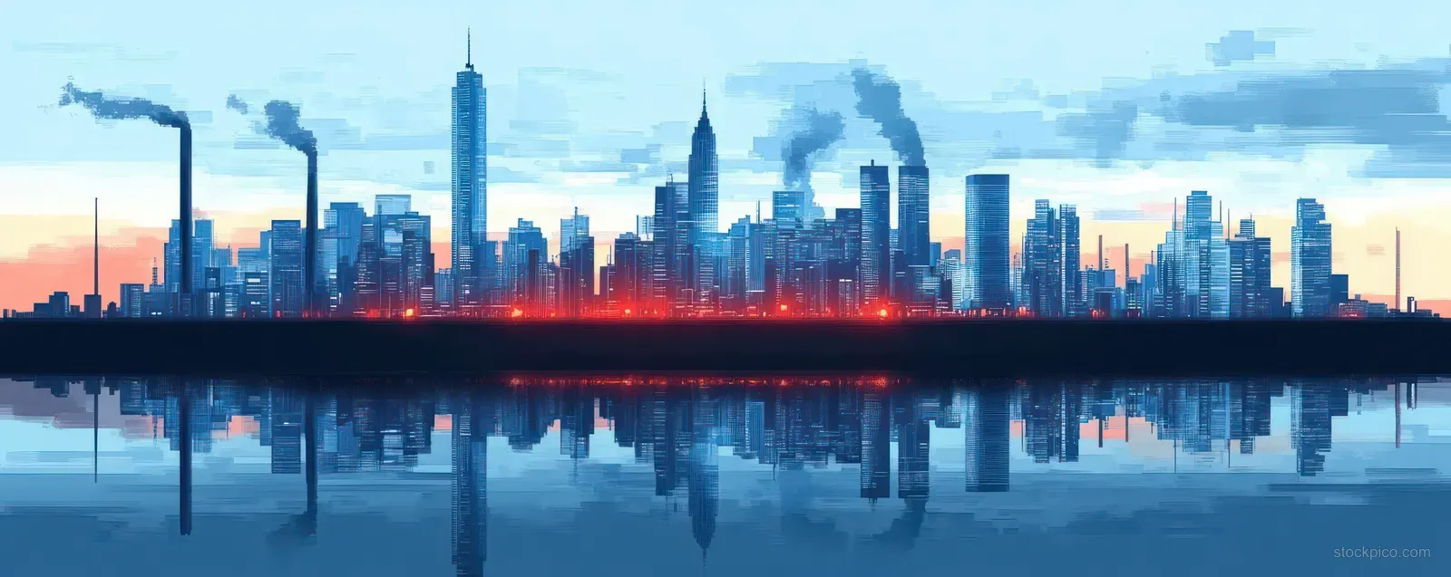 Dusk city skyline with smokestacks emitting smoke, glowing orange lights, and skyscraper reflections on calm water.