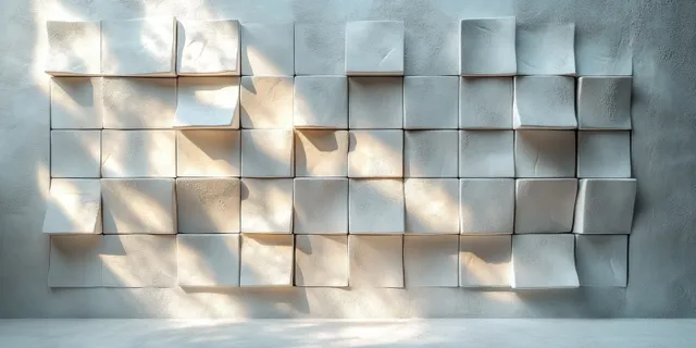 Offset white textured cube blocks on a wall with soft ambient light and subtle shadows.