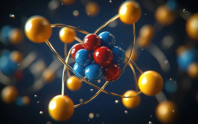 Colorful 3D atom model with blue and red nucleus spheres and yellow electrons on elliptical orbit paths.