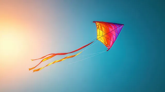 Colorful kite soaring high against a clear blue sky with soft sun glow
