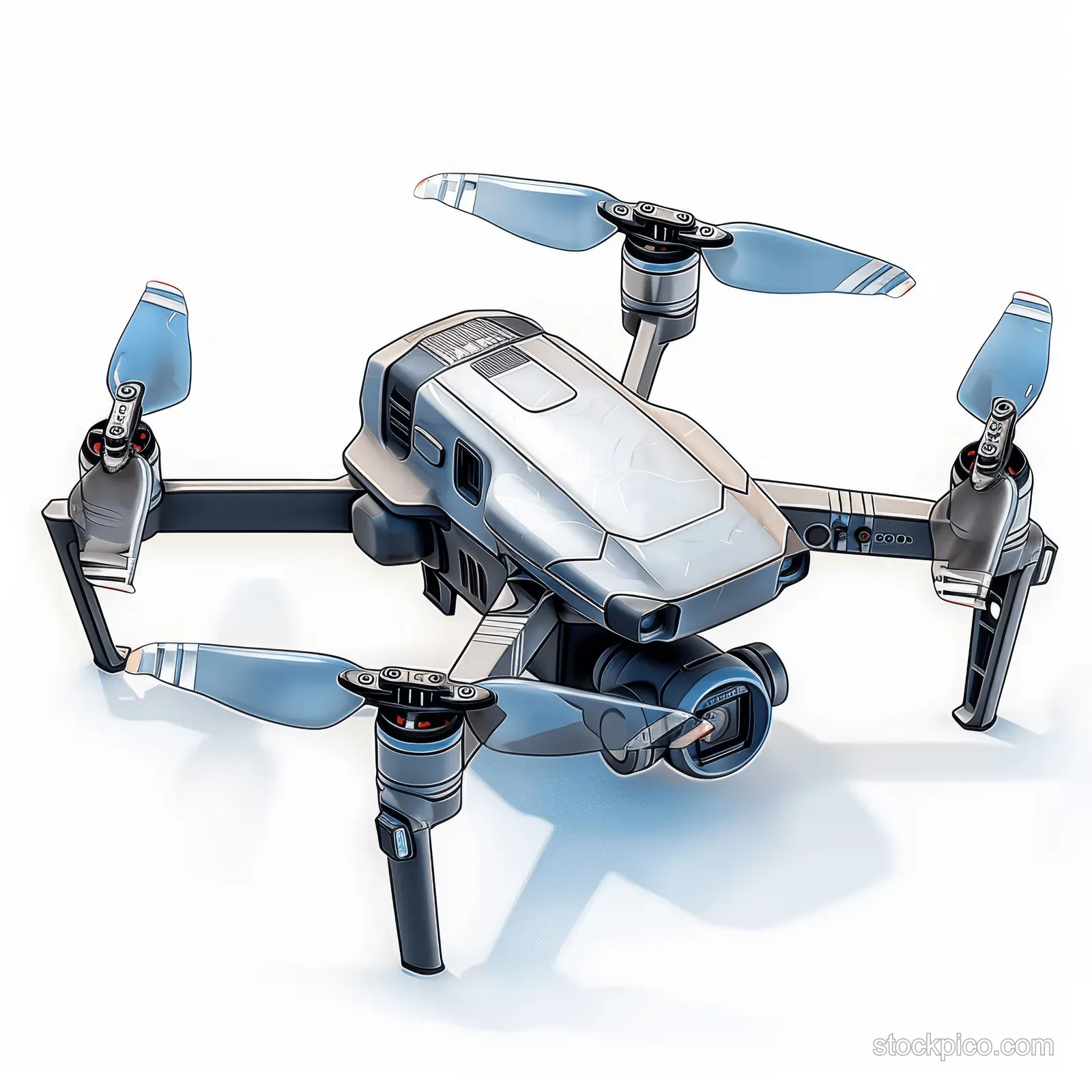 Studio view of a quadcopter drone with blue-tinted propellers centered on a clean white background.