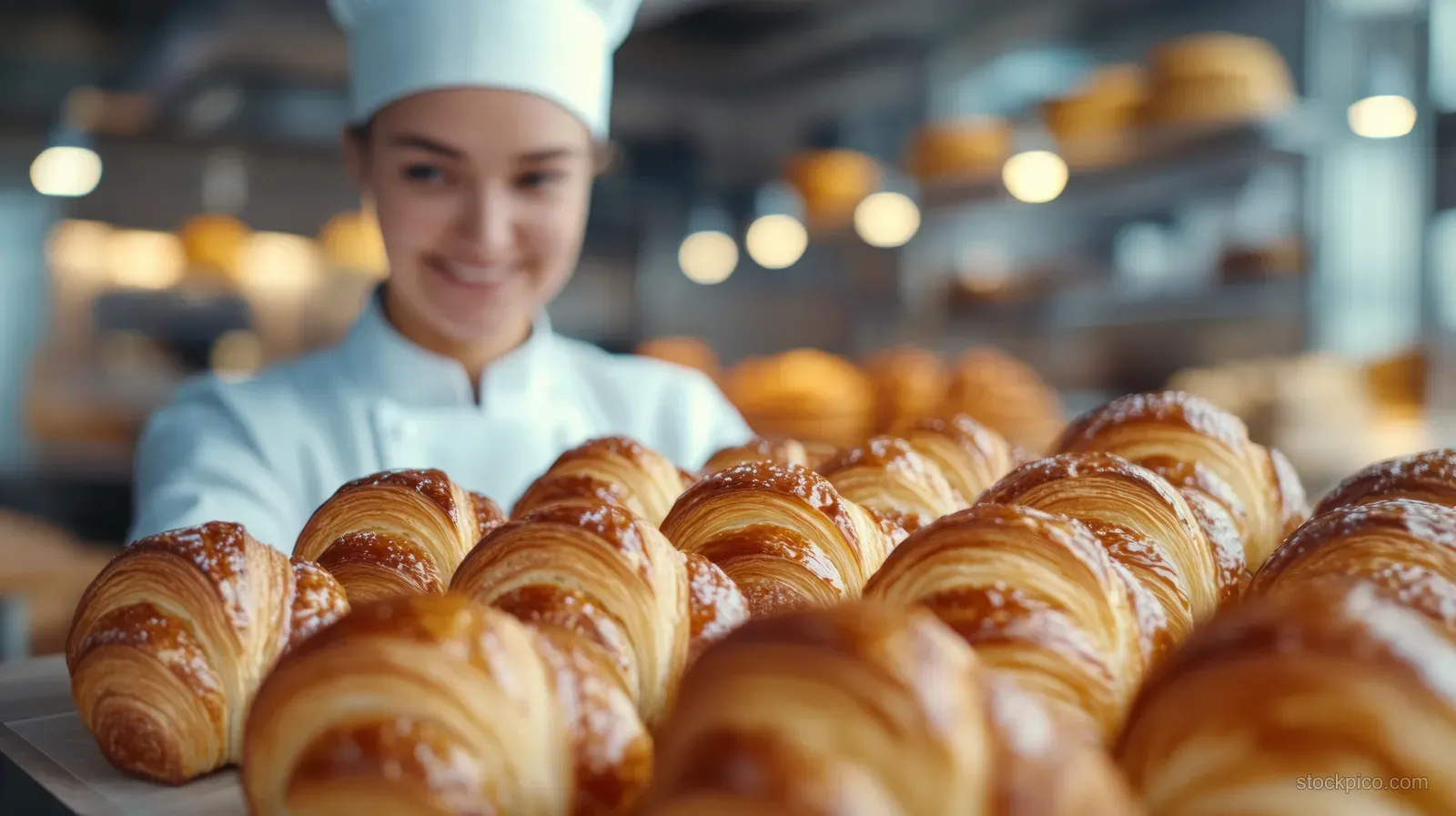 A pastry chef removes golden croissants from the oven in a warmly lit bakery kitchen.