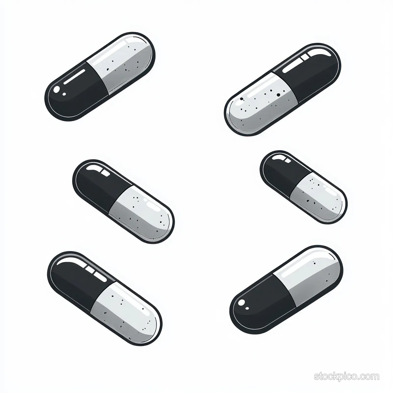 Six black and white capsule pills are scattered on a white background with glossy reflective surfaces.
