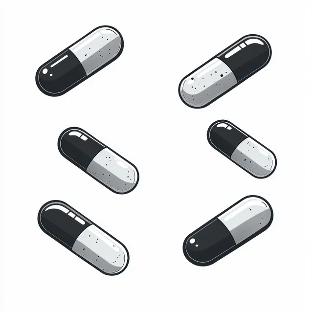Six black and white capsule pills are scattered on a white background with glossy reflective surfaces.