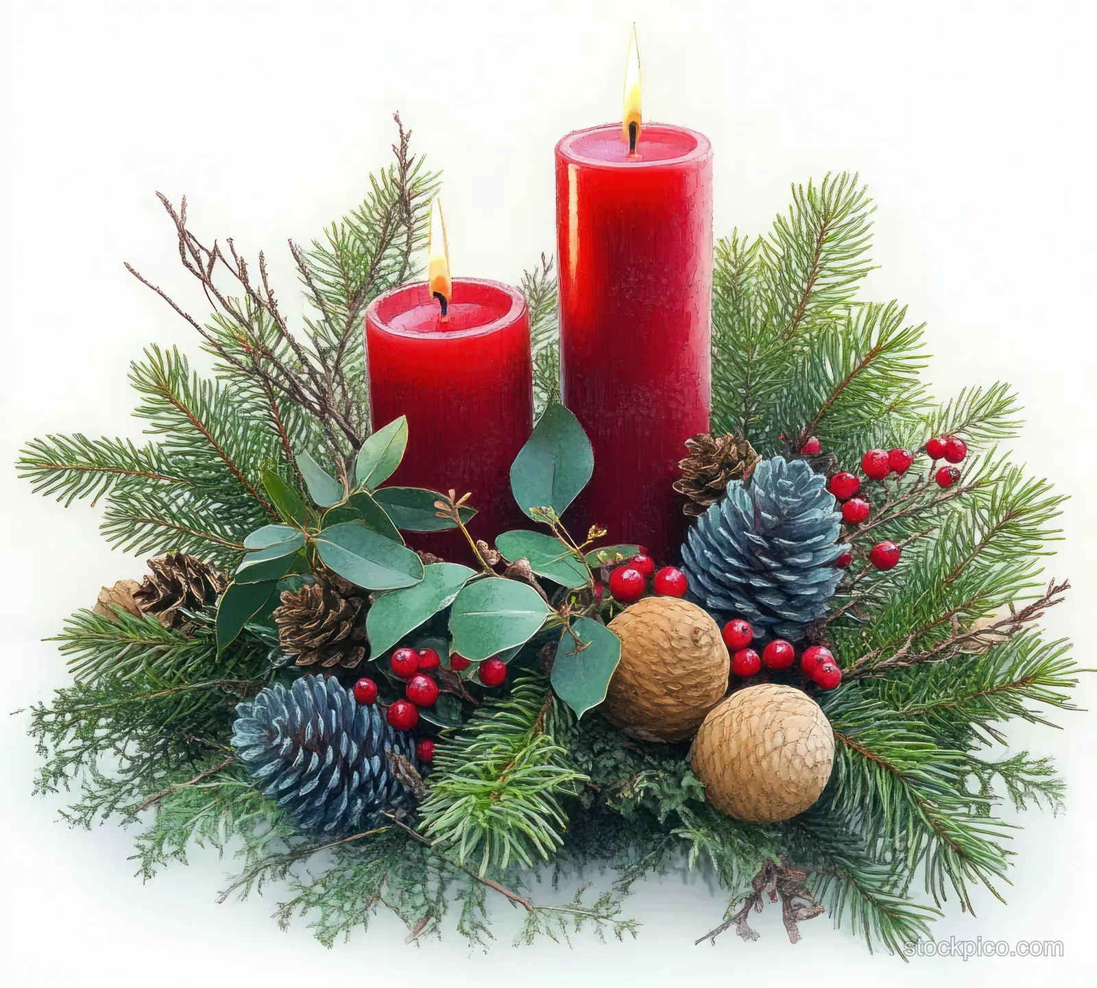 Overhead view of an evergreen centerpiece with two red candles, pinecones, berries, and winter flowers on a table.