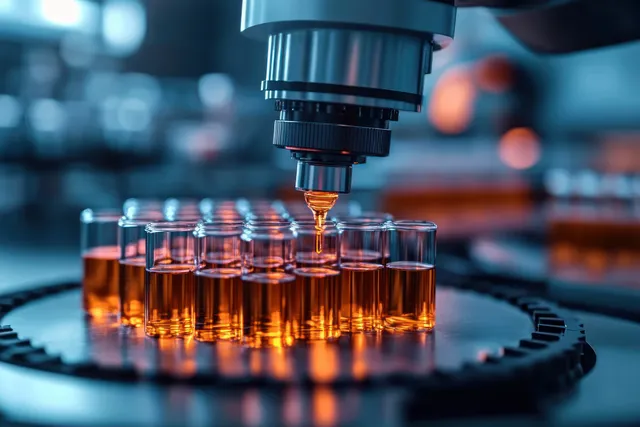 Automated dispenser fills a row of small glass vials with orange liquid in a high-tech laboratory.