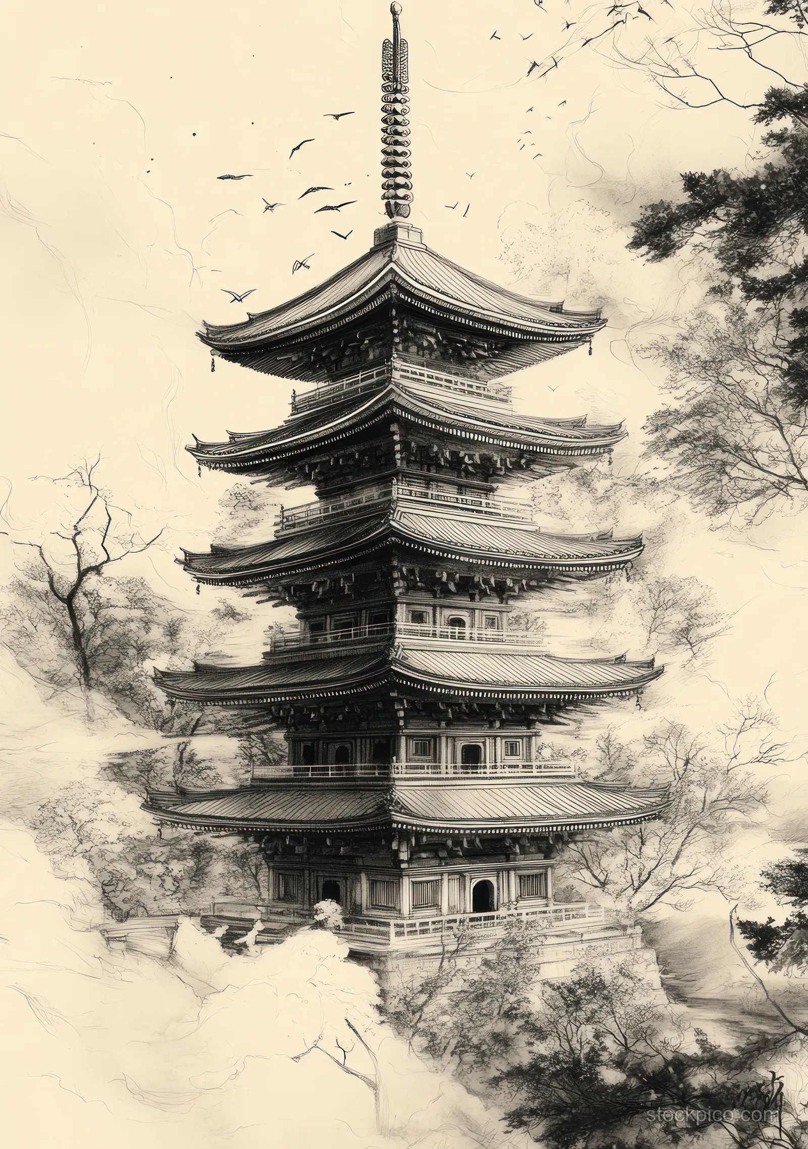 A traditional Japanese pagoda rendered in black ink line art rises from a spring landscape with cherry blossom branches.