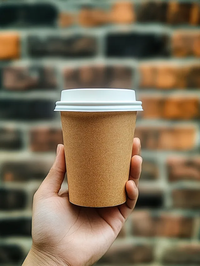 A hand holds a brown disposable coffee cup with a white lid against a blurred multicolored brick wall.