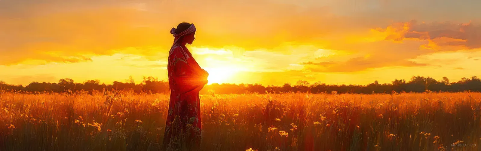 An African woman in traditional clothing stands in a wheat field under an orange sunset with lens flare.