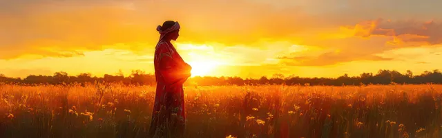 African woman in traditional dress standing in wheat field at glowing sunset horizon